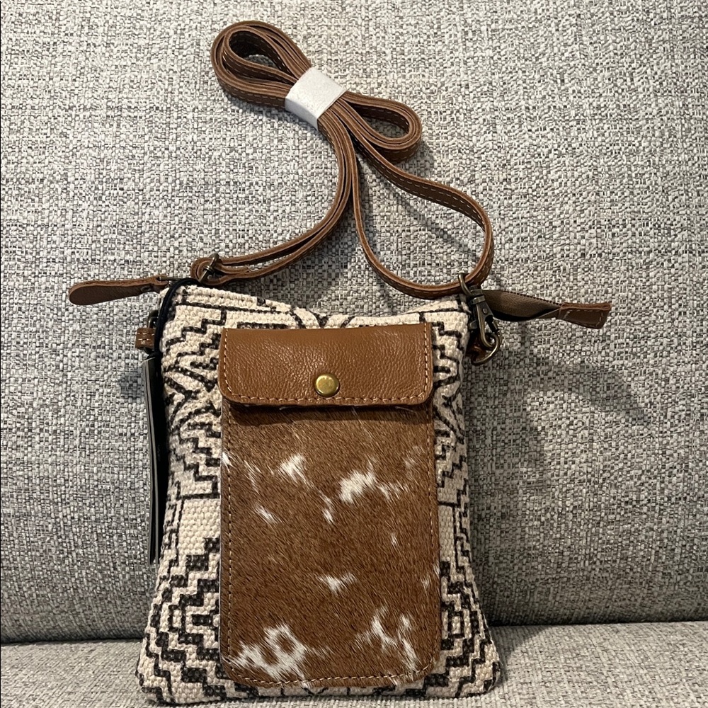 Myra Vuierra small crossbody up cycled canvas cow hair and real leather